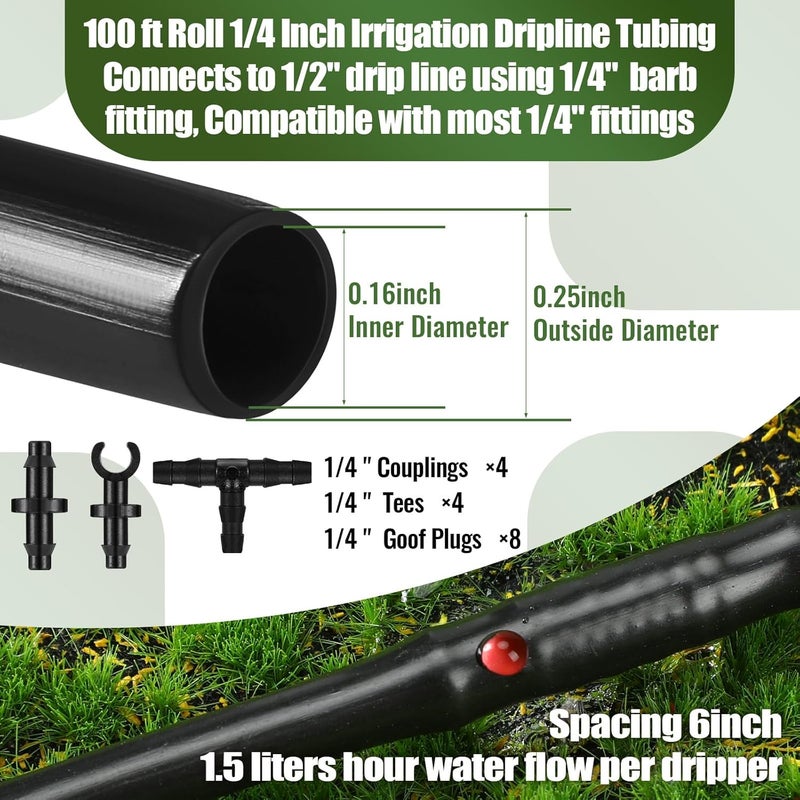 Innconee 100 ft 1/4 Emitter Tubing 6 Inch Spacing with 16 Pcs Drip Irrigation Parts Hydroponics Drip Line Tubing for Efficient Irrigation Raised Beds Gardens(Black) - Image 2